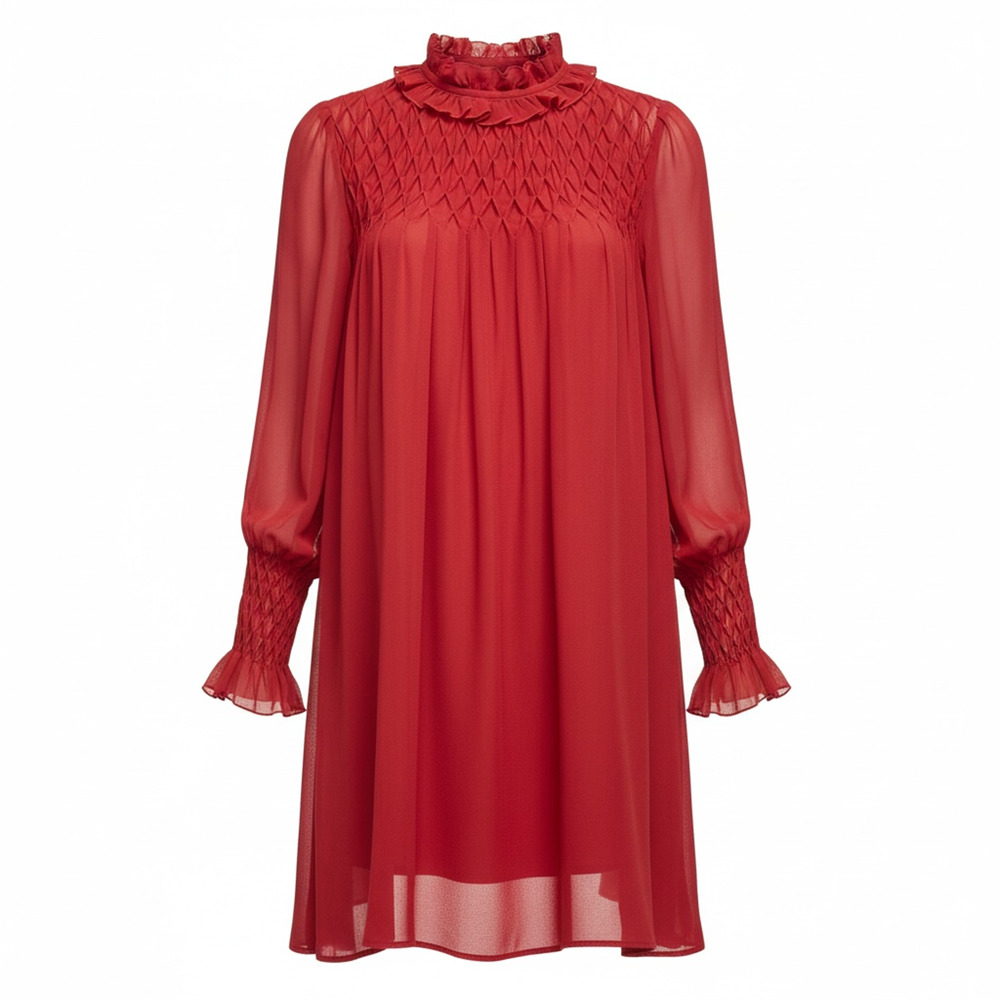 Rebecca Taylor Diamond Smocked Mock Neck Silk Dress in Red Size S Holiday